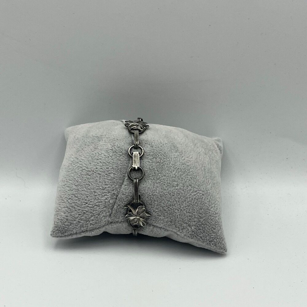 Vintage 1940s art deco Sterling silver plumeria chain link Bracelet - Picture 3 of 10